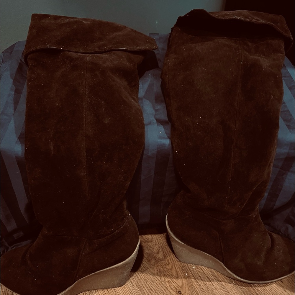 Dark Brown Suede Knee-High Boots